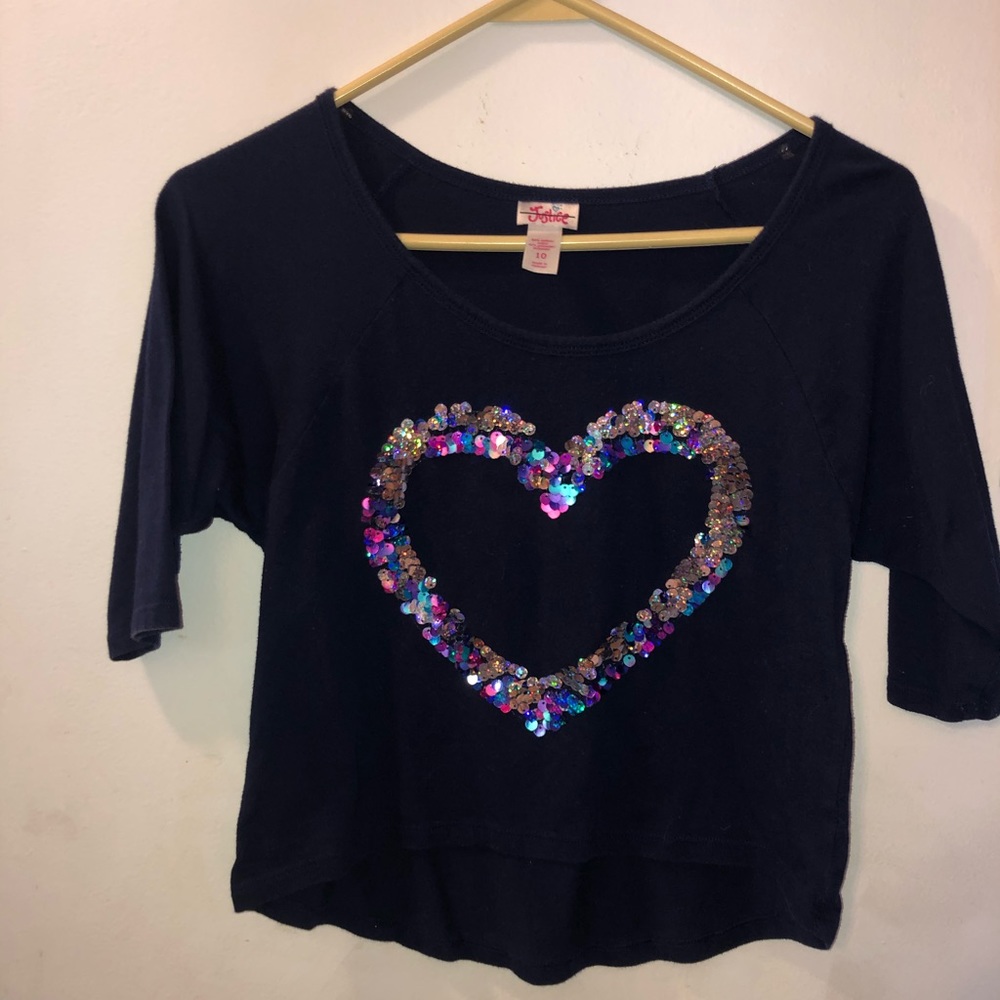 Girls Navy Blue Sequin Heart Top